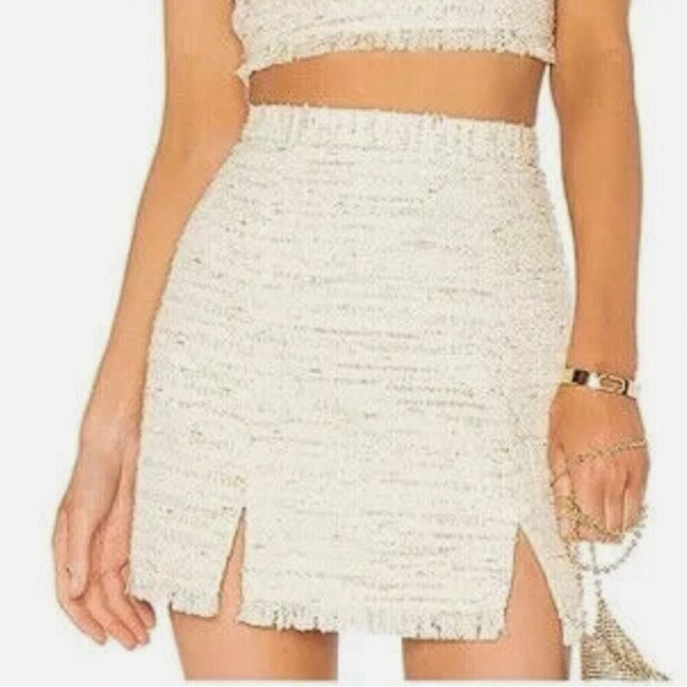NBD Revolve Blair Tweed Mini Skirt Frayed Fringe Metallic Gold Ivory - NBD small